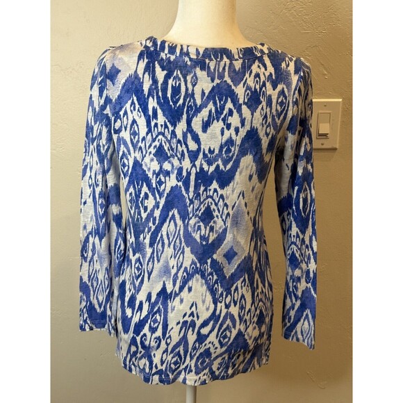 Chico Ikat Linen Split-Neck Top 100% Linen Size 0 / Small BG2263 - Picture 4 of 12